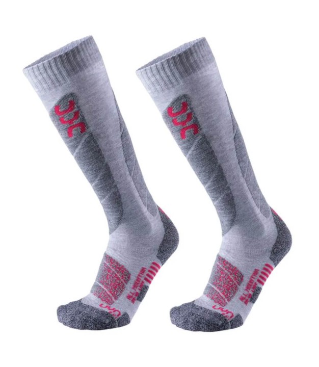 UYN Ski All Mountain Women's Socks, Light Grey Melange/Coral
